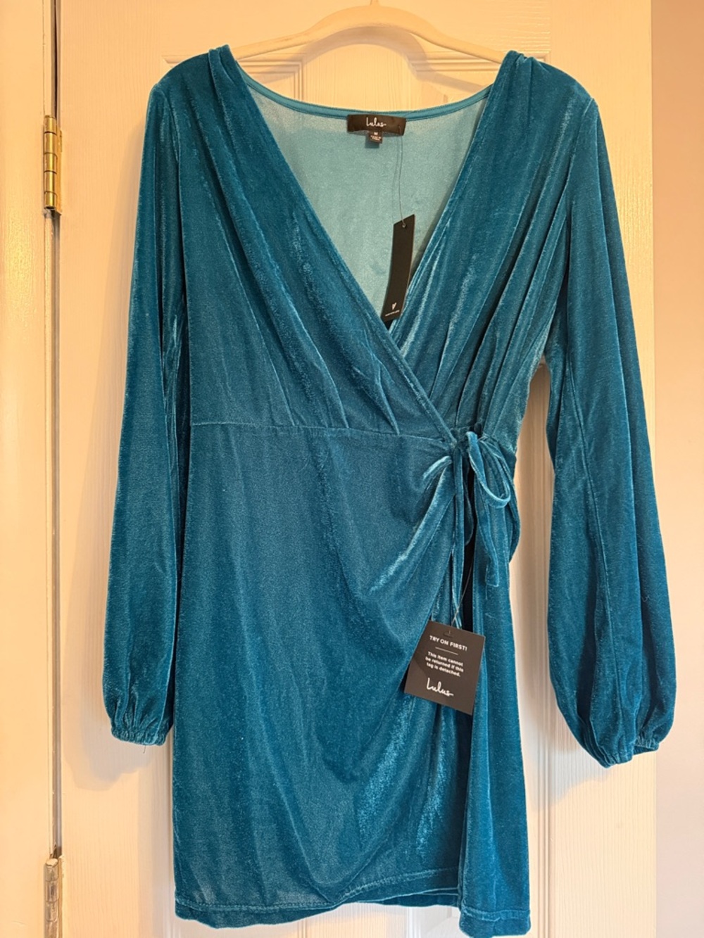 Lulu's Teal Shimmer Velvet V-Neck Dress